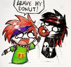 a drawing of two cartoon characters, one with a donut in his mouth