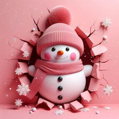 a snowman with a pink hat and scarf is breaking through the wall in front of it