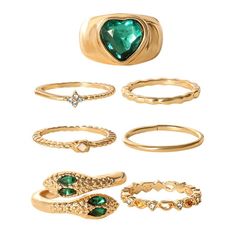 Elevate your jewelry collection with the Jessica Simpson Ring Set, featuring a stunning variety of six rings in gold tone adorned with green gemstones. Each ring in this set is crafted with high-quality materials and designed to reflect Jessica Simpson's signature blend of elegance and modern style. The Jessica Simpson Ring Set, Set of 6 Gold Tone with Variety and Green Gemstones offers versatility and sophistication. The rings feature different designs, including solitaire settings, bands, and accents of green gemstones, providing options for both everyday wear and special occasions. Whether worn individually to make a statement or stacked for a layered look, these rings effortlessly enhance your ensemble with their luxurious appeal. Size: one size.  Gender: female.  Age Group: adult. Snake Ring Gold, Hand Jewelry Rings, Snake Ring, Stacked Jewelry, Hand Jewelry, Green Gemstones, Ring Gold, Womens Jewelry Rings, Gemstone Colors