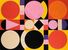 an abstract painting with circles and squares on black, yellow, pink, orange, and red