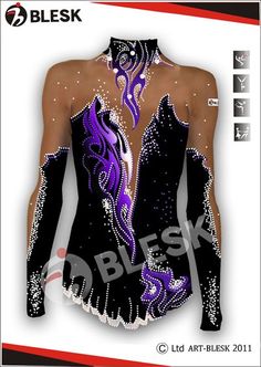 a woman's bodysuit with purple and black designs on the chest, in front of a white background