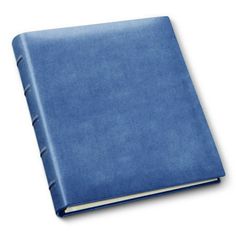 a blue notebook on a white background with clippings to the front and side