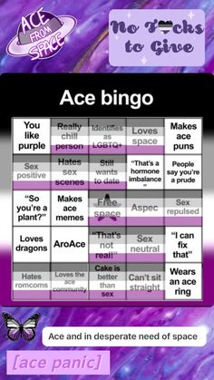 the ace bingo game is shown in purple and white colors, with an image of a butterfly