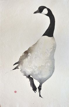 a watercolor painting of a goose on white paper