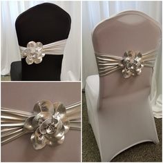 the chair is decorated with silver ribbons and flowers