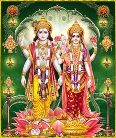 two deities standing next to each other in front of a green background