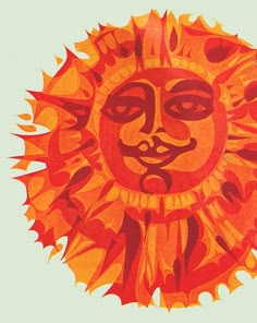 an orange and red drawing of a sun with faces on it's face is shown