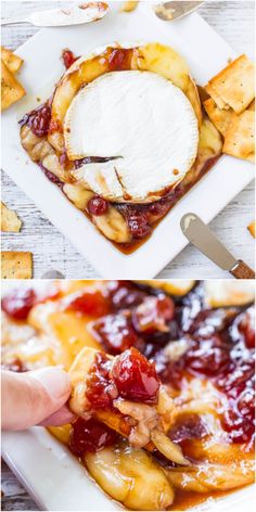 two pictures of different types of food with cheese and sauce on them, one is being held up to the camera