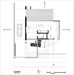 the floor plan for a modern house with an open living room and dining area, as well as a garage