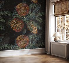 a pine cone wallpaper in the corner of a room