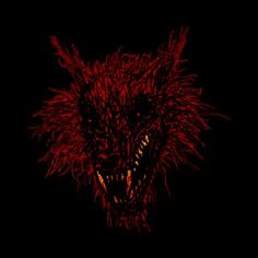 a red and black image of a wolf's head with sharp teeth on a dark background