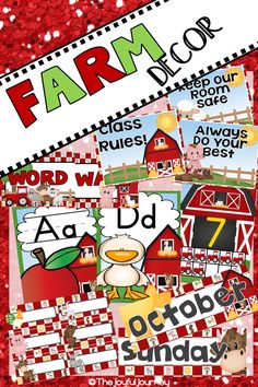 the farm alphabet and numbers poster is displayed on a red background with white polka dots