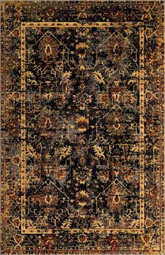 a black and yellow rug with an ornate design on the center, surrounded by many different colors