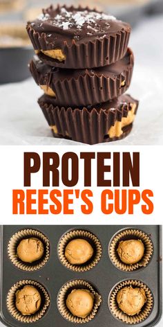 chocolate peanut butter cups stacked on top of each other with the title in the middle