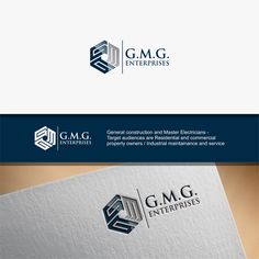 the logo for gmg enterprises is shown on top of a white and blue business card