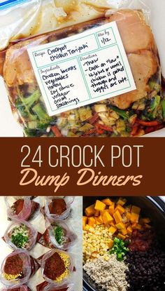 the instructions for how to make crock pot dump dinneres in plastic wrappers