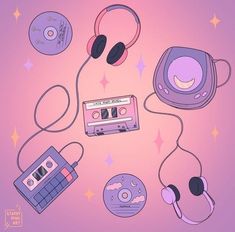 an illustration of headphones, tape recorders and cassette players on a pink background