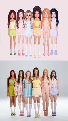 several different colored dolls standing next to each other in front of a white background and one with