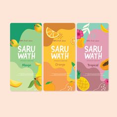 three cards with different types of fruit and the words saru wath on them