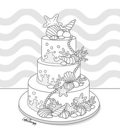 a three tiered cake decorated with seashells and starfish on a plate