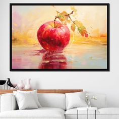 an apple painting on the wall above a couch