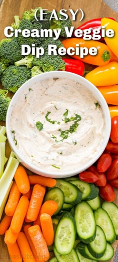 There isn’t a dip that gets easier than this simple yet flavor-packed veggie dip, ready in just 5 minutes. The dip is made with mayo, sour cream, seasonings, and herbs.

We love serving this classic dip with our favorite fresh veggies. Make a dip and arrange the vegetables on a platter Charcuterie style and serve! Veggie Dip Without Sour Cream, Good Dip For Veggies, Dip For Carrots And Celery, Marzetti Ranch Veggie Dip Recipe, Veggie Tray With Dip, Vegetables For Dipping, Best Dip For Veggie Tray, Veggie Sticks And Dip, Southwest Veggie Dip