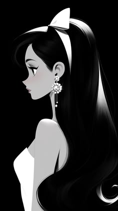 a woman with long black hair wearing earrings