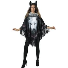 a woman wearing a costume with a wolf on it