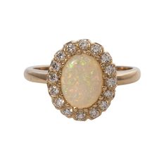 .98ct Oval Opal & Diamond Halo 14K Yellow Gold Ring Vintage Style Rings, Yellow Gold Ring, Diamond Cluster, Brilliant Diamond, Round Brilliant Cut Diamond, Cluster Ring, Brilliant Cut Diamond, Yellow Gold Rings, Halo Diamond