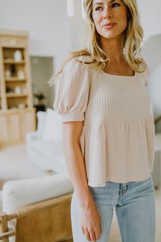 Our Cable Knit Square Neck Top is a gorgeous new top for Spring and Summer!  Made with cable knit material, this soft top is a perfect blouse to dress up or down!  The puff sleeves are our favorite part of this beautiful top!  Avaialable in a beautiful cream tone in the following sizes for women:  Small Medium Large Blush Lane Boutique, Utah Boutique, online boutique, women's clothing boutique, boutique near me, cute boutique, modest boutique, Lehi boutique, cute outfit, cute Cute Dressy Shirts For Women, Cute Short Sleeve Tops For Women, Business Shirts Women, Cute Clothing Boutiques, 30s Outfits For Women Summer, Square Neck Blouse Outfit, Outfits 2024 Women, Soft Light Neutral Family Pictures, Best Clothes For Short Women