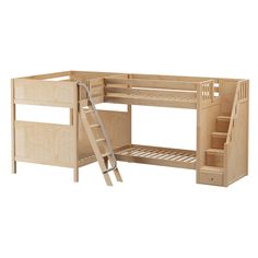 a wooden bunk bed with stairs next to it