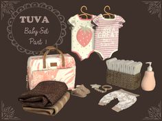 an assortment of baby items are displayed on a black background