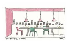 a drawing of a dining room table with chairs and lamps on the wall above it