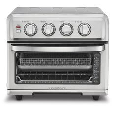 a silver toaster oven sitting on top of a white counter