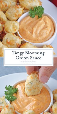 a person dipping some food into a small white bowl with sauce in it and the words, tangy blooming onion sauce