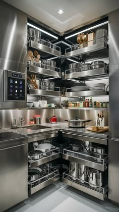 a kitchen with stainless steel appliances and lots of cooking utensils in the cabinets