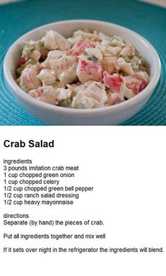 the recipe for crab salad in a white bowl on a blue place mat with instructions