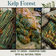 three pictures with yarns and knitting needles in them, one is made to order - handspun yarn with all natural fibers