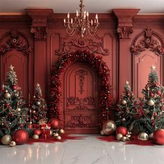 there are many christmas trees in the room with red and gold decorations on them,