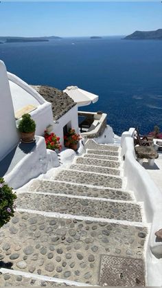 stairs leading up to the top of a building with flowers growing on it and water in the background