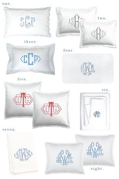 the monogrammed pillows and pillow cases are shown