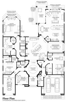 the floor plan for a house with three car garages and two living areas in it