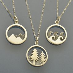 SET26 SVSETS Wanderlust - Mountain, Ocean and Pine Tree Charm Necklaces Animals Unique, Wardrobe Men, Mountain Ocean, Dainty Diamond Necklace, Necklace Charms, Special Necklace, Unique Shapes, Solitaire Necklaces, Charm Necklaces