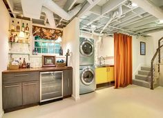 a washer and dryer in a very large room