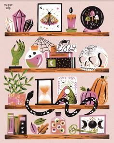 an illustration of shelves with halloween items on them