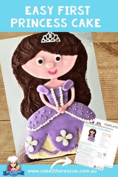 Image of 3D princess in purple + white dress birthday cake with mock up of downloadable decorating instructions and cake template Unicorn Cake Template, Princess Template, Birthday Princess Cake, Cake Printable, Gluten Free Cake Mixes, Princess First Birthday, Princess Castle Cake