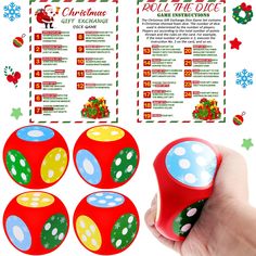 a hand holding a red dice with christmas decorations on it and instructions to roll the dice