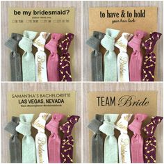 four different types of ties are shown in three separate pictures, one for bridesmaid and the other for team bride