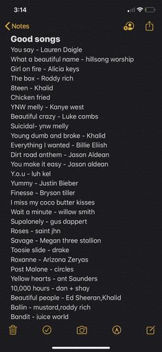an iphone screen with the words good songs written in yellow and black letters on it