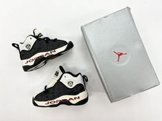 VINTAGE BABY JORDAN TEAM II. YEAR: 1998 RELEASED. SIZE: 5C TODDLER. COLOR: BLACK/WHITE-VARSITY RED. CONDITION: NEW WITH DEFECT. SLIGHTLY YELLOWING AND GLUE STAINS.                            SHOES ARE OVER 20 YEARS OLD. IF WEAR..... WEAR AT YOUR OWN RISK!!! 100% AUTHENTIC JORDAN. FINAL SALE. NO REFUND. Jordan Year, Baby Jordans, Authentic Jordans, 20 Years Old, Black White Red, Toddler Shoes, Vintage Baby, Baby Accessories, 20 Years